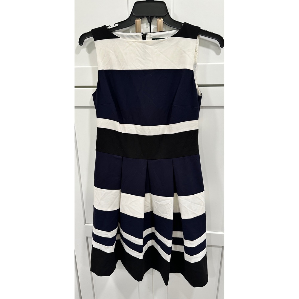 Lauren Ralph Lauren Dress Sleeveless Striped Fit Flare Black Navy White‎ 10